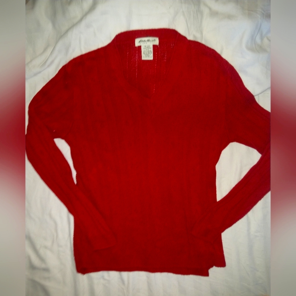 Red Linen Blend Sweater, Eddie Bauer, V Neck, M